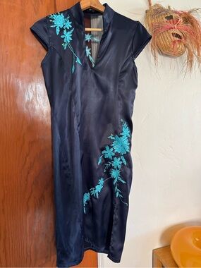 Navy Satin Midi Dress with Teal Floral Embroidery